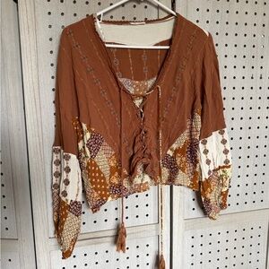 Miss Me Brown Patchwork Lace-Up Blouse